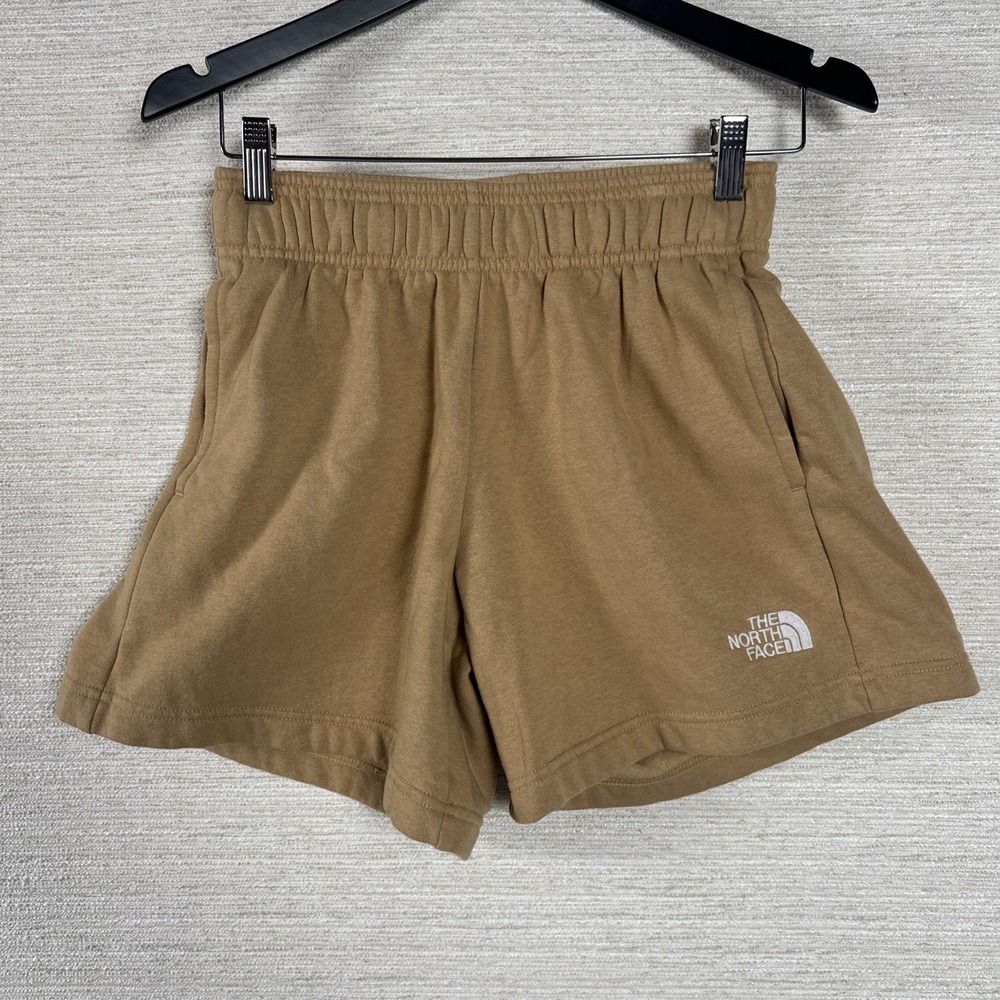 The North Face Womens Fleece Shorts Tan Elastic Waist Logo Lounge Active Small P